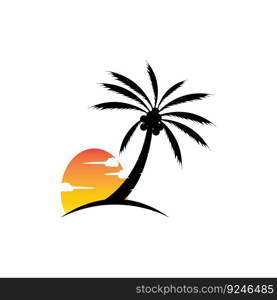 Palm tree and sunset sun symbols.