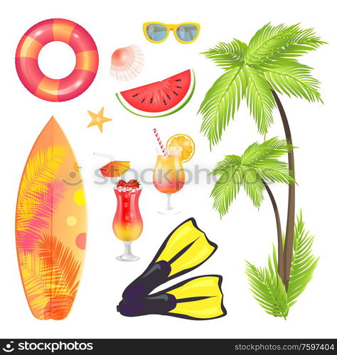 Palm tree and surfing board isolated icons set vector. Flippers part of swimming suit, cool beverage with straw and umbrella. Sunglasses and lifebuoy. Palm Tree Surfing Board Set Vector Illustration