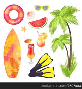 Palm tree and surfing board isolated icons set vector. Flippers part of swimming suit, cool beverage with straw and umbrella. Sunglasses and lifebuoy. Palm Tree Surfing Board Set Vector Illustration