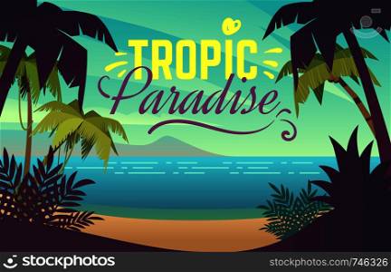 Palm tree beach. Ocean sunset with sand coast beach waves and palm trees, maldives tropical background. Summer vacation vector island leisure beauty pattern poster. Palm tree beach. Ocean sunset with sand coast beach waves and palm trees, maldives tropical background. Summer vacation vector poster