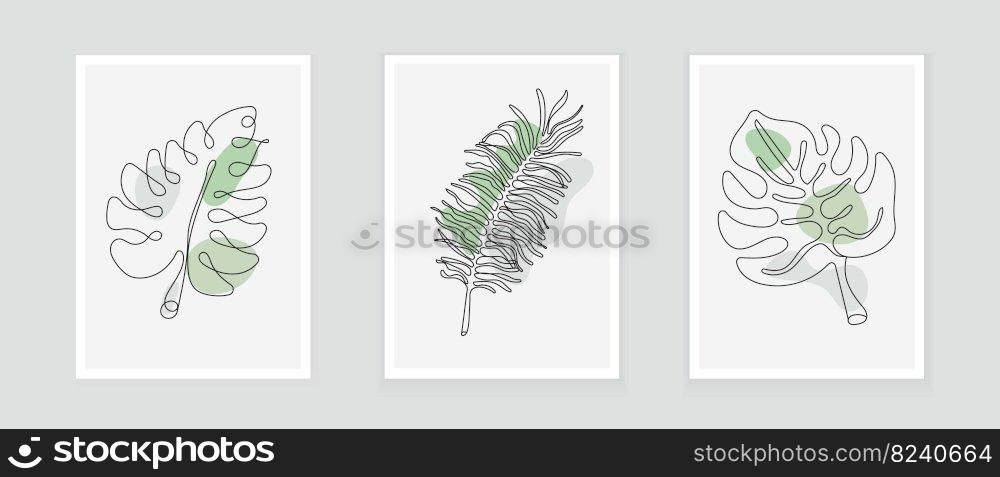 Palm tree, fern line vector. Botanical prints boho vector set for wall art . Bohemian style with line art foliage. Minimalist abstract plant branch art boho design for cover, poster, wallpaper.. Palm tree, fern line vector. Botanical prints boho vector set for wall art .