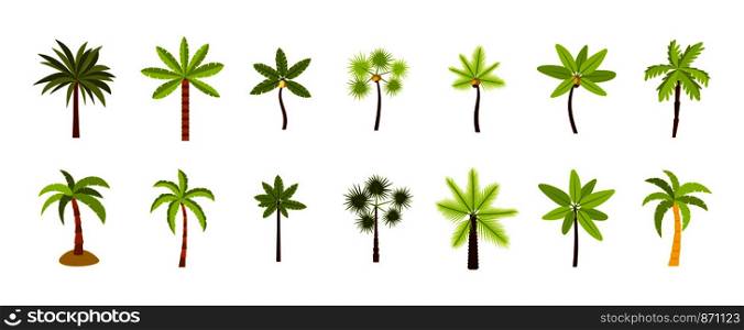 Palm tree icon set. Flat set of palm tree vector icons for web design isolated on white background. Palm tree icon set, flat style