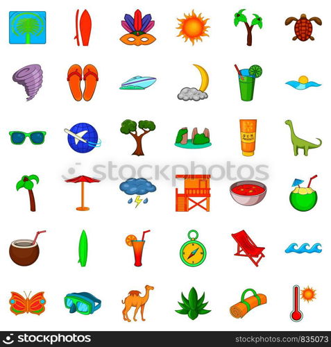 Palm tree icons set. Cartoon style of 36 palm tree vector icons for web isolated on white background. Palm tree icons set, cartoon style