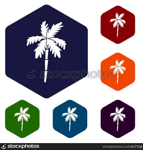 Palm tree icons set rhombus in different colors isolated on white background. Palm tree icons set