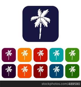 Palm tree icons set vector illustration in flat style in colors red, blue, green, and other. Palm tree icons set