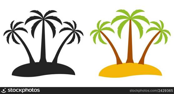 Palm tree on a desert island, vector logo for tourism three palm trees on an island, flat comic cartoon style