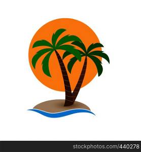 Palm tree on the island on the background of the sun disk, simple design