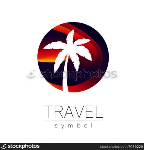 Palm tree vector silhouette in circle isolated on white background. Palma symbol, violet modern style of color. Logotype for travel, tourism and trip agency. Identity, brand, logo, concept web Summer. Palm tree vector silhouette in circle isolated on white background. Palma symbol, violet modern style of color. Logotype for travel, tourism and trip agency. Identity, brand, logo, concept web. Summer