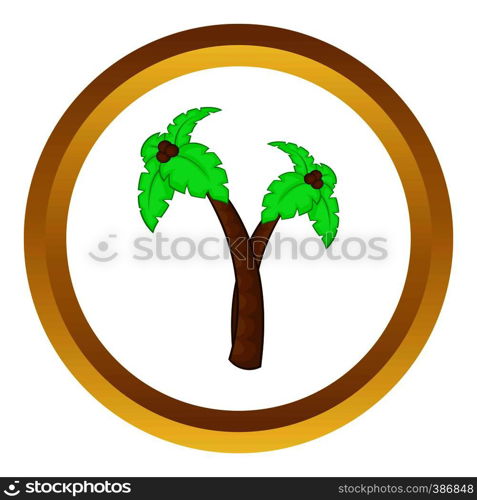 Palm tree with coconuts vector icon in golden circle, cartoon style isolated on white background. Palm tree with coconuts vector icon