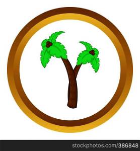 Palm tree with coconuts vector icon in golden circle, cartoon style isolated on white background. Palm tree with coconuts vector icon
