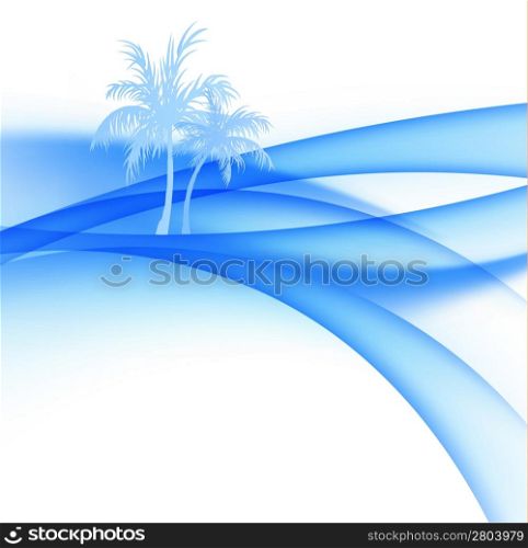 Palm trees and abstract waves of the sea.