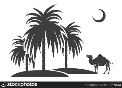 Palm trees and camel silhouettes. Oasis. Palm trees and camel silhouettes. Vector illustration