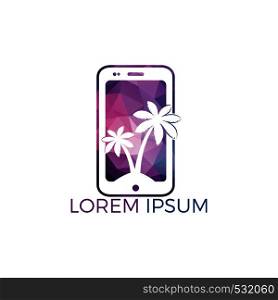 Palm trees and cell phone vector logo design.Travel and holiday mobile app logo concept.