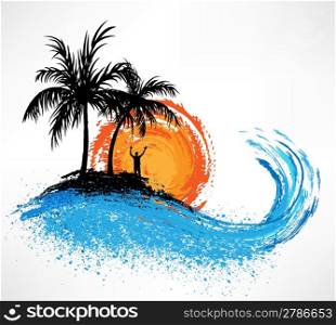 Palm trees and ocean wave. Sunset