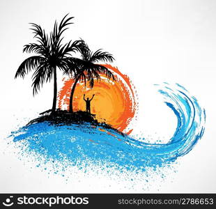 Palm trees and ocean wave. Sunset