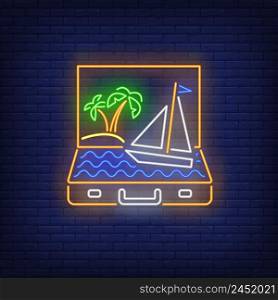 Palm trees and ship sailing in open suitcase neon sign. Tourism, vacation, travel design. Night bright neon sign, colorful billboard, light banner. Vector illustration in neon style.