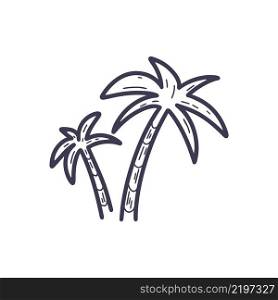 Palm trees doodle style. Hand drawn pair of palms isolated vector illustration. Tropical exotic beach trees line. Palm trees doodle style