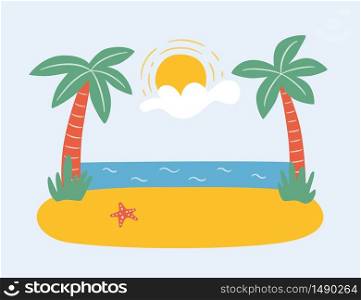 Palm trees on the beach by the sea. Summer paradise in tropics. Hand drawn vector illustration. Palm trees on the beach by the sea. Summer paradise in tropics. Hand drawn vector