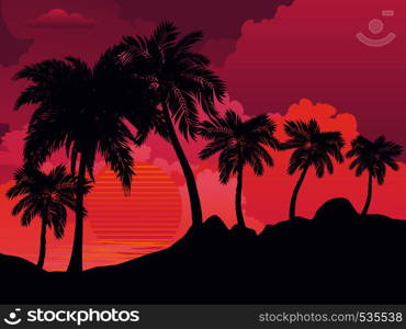 Palm trees on tropical island landscape, sunrise or sunset background.