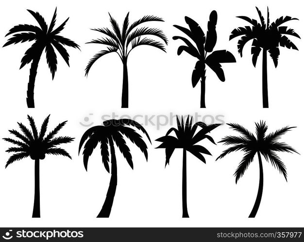 Palm trees silhouettes. Tropical leaves, retro palms tree and vintage silhouettes. Coconut palm, exotic lush sketch or hawaii coco palms. Vector illustration isolated icons set. Palm trees silhouettes. Tropical leaves, retro palms tree and vintage silhouettes vector illustration set