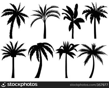 Palm trees silhouettes. Tropical leaves, retro palms tree and vintage silhouettes. Coconut palm, exotic lush sketch or hawaii coco palms. Vector illustration isolated icons set. Palm trees silhouettes. Tropical leaves, retro palms tree and vintage silhouettes vector illustration set