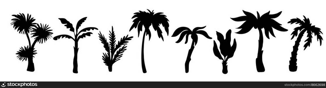 Palm trees silhouettes. Variety exotic plants, black tropical jungle elements, summer flora, rainforest objects, botanical subtropical climate different shapes branches, swanky vector isolated set. Palm trees silhouettes. Variety exotic plants, black tropical jungle elements, summer flora, rainforest objects, botanical subtropical climate branches, swanky vector isolated set