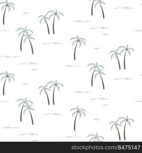 Palm trees vector seamless summer pattern. Wrapping paper summer pattern. Cute doodle summer pattern with palm tree and waves.. Palm trees vector seamless summer pattern. Wrapping paper summer pattern. Cute doodle summer pattern with palm tree and waves