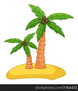 Palm trees with coconut on the sand island flat vector illustration. Coconut tree with nuts isolated on white background. Tropical climate plant, a symbol of warmth and vacation in a paradise place. Palm trees with coconut on the sand island flat vector illustration. Coconut tree with nuts