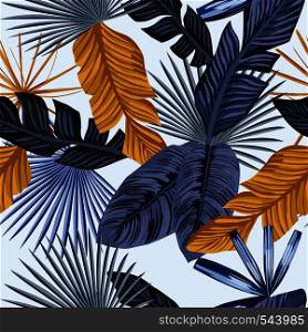 Palm tropic leaves in an abstract blue and gold color. Seamless vector beach wallpaper pattern on white background