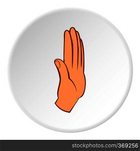 Palm up icon in cartoon style on white circle background. Gestural symbol vector illustration. Palm up icon, cartoon style