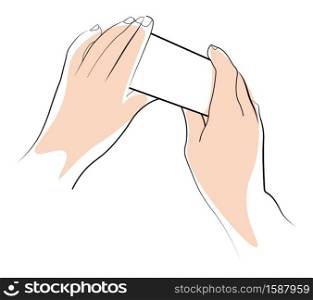 Palms position, hands holding object mockup or paper piece squeezing isolated icon vector. Fingers, human limbs and item template. Body parts, hold and touch blank sheet or card, anatomy in action. Hands holding object template, palms position and paper piece squeezing