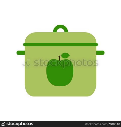 Pan. Flat style dishes. Green apple. Metal or plastic sample. Color illustration. Vector icon