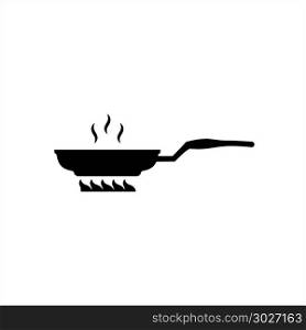 Pan Heating Icon, Frying Pan On Fire Icon Vector Art Illustration. Pan Heating Icon, Frying Pan On Fire Icon