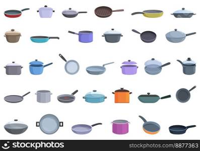Pan icons set cartoon vector. Saucepan pot. Home cooking. Pan icons set cartoon vector. Saucepan pot