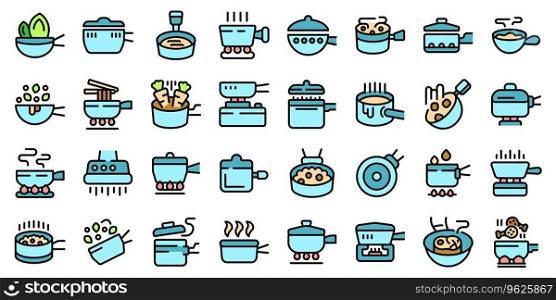 Pan icons set outline vector. Pot saucepan. Cooking home thin line color flat on white. Pan icons set vector flat
