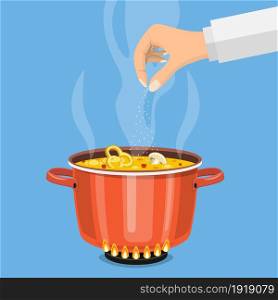 Pan on the fire, a pot of soup, cooking soup, salt, hand with salt. Vector illustration in flat style. Pan on the fire, a pot of soup,