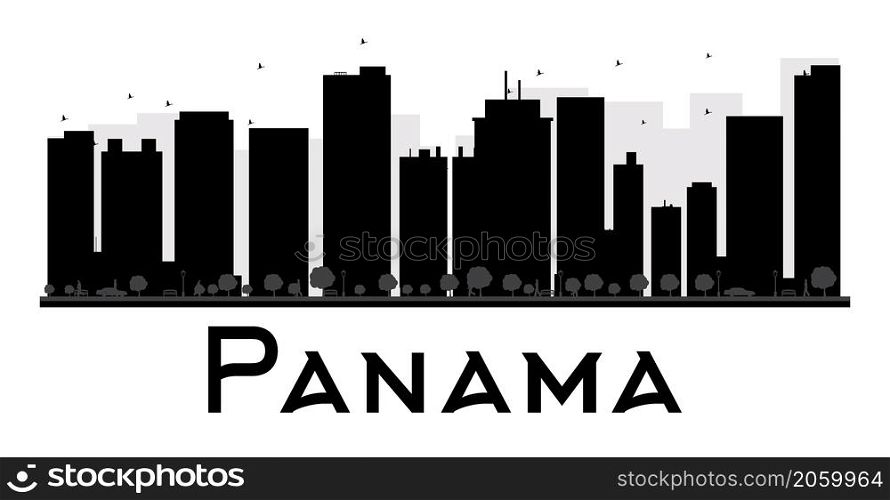 Panama City skyline black and white silhouette. Vector illustration. Simple flat concept for tourism presentation, banner, placard or web site. Business travel concept. Cityscape with landmarks
