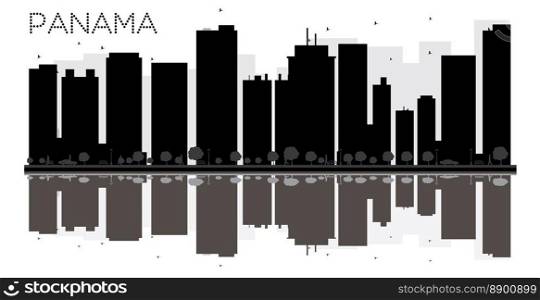Panama City skyline black and white silhouette with reflections. Vector illustration. Simple flat concept for tourism presentation, banner, placard or web site. Cityscape with landmarks.