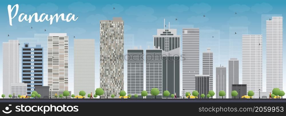 Panama City skyline with grey skyscrapers and blue sky. Vector Illustration
