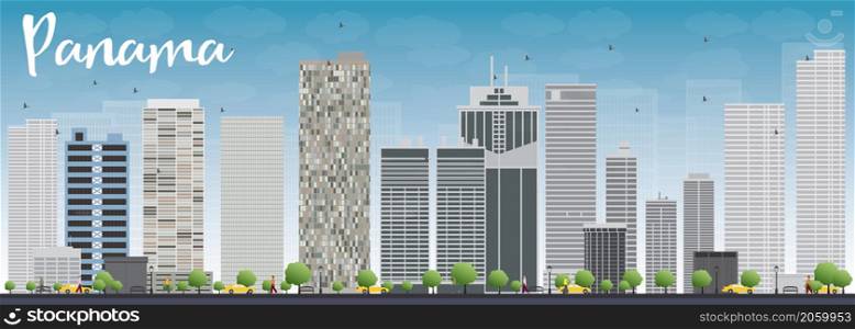 Panama City skyline with grey skyscrapers and blue sky. Vector Illustration