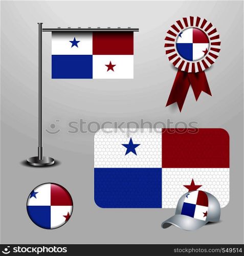Panama Country Flag haning on pole, Ribbon Badge Banner, sports Hat and Round Button. Vector EPS10 Abstract Template background