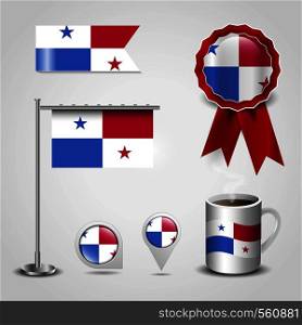 Panama Country Flag place on Map Pin, Steel Pole and Ribbon Badge Banner. Vector EPS10 Abstract Template background