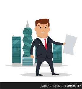 Panama Documents Concept Flat Vector Illustration. Man in business suite with sheet of paper on panama-city skyscrapers background. Public corruption disclosure. International financial investigation concept. Offshore documents scandal illustration.