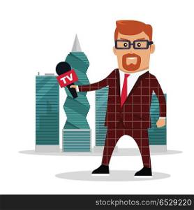 Panama Documents Concept Flat Vector Illustration. TV reporter with microphone on panama-city skyscrapers background. Corruption disclosure. International financial investigation concept. Offshore documents scandal illustration. Vector in flat design.