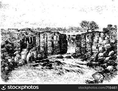 Panama Falls in Oiapoque, Brazil, drawing by Riou from a sketch by Dr. Crevaux, vintage engraved illustration. Le Tour du Monde, Travel Journal, 1880