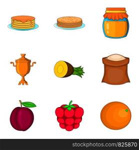 Pancake icons set. Cartoon set of 9 pancake vector icons for web isolated on white background. Pancake icons set, cartoon style