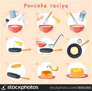 Pancake recipe, breakfast dish preparation buttermilk pancakes. Delicious fluffy pancake step by step cooking instruction vector illustration. Homemade tasty food preparation process. Pancake recipe, breakfast dish preparation buttermilk pancakes. Delicious fluffy pancake step by step cooking instruction vector illustration