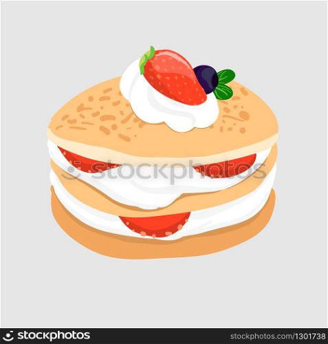 Pancake whipping cream and berries, sweet dessert isolation on gray background. editable with layers vector illustration.