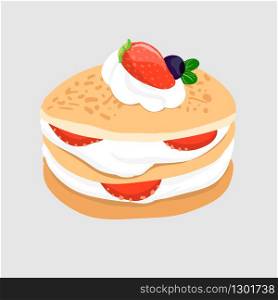 Pancake whipping cream and berries, sweet dessert isolation on gray background. editable with layers vector illustration.