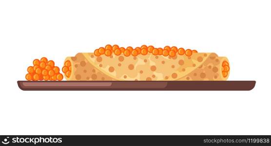 Pancake with red caviar icon in flat style isolated on white background. Russian traditional meal for Maslenitsa or Shrovetide. Vector illustration.. Vector Pancake with red caviar icon in flat style isolated on white background.